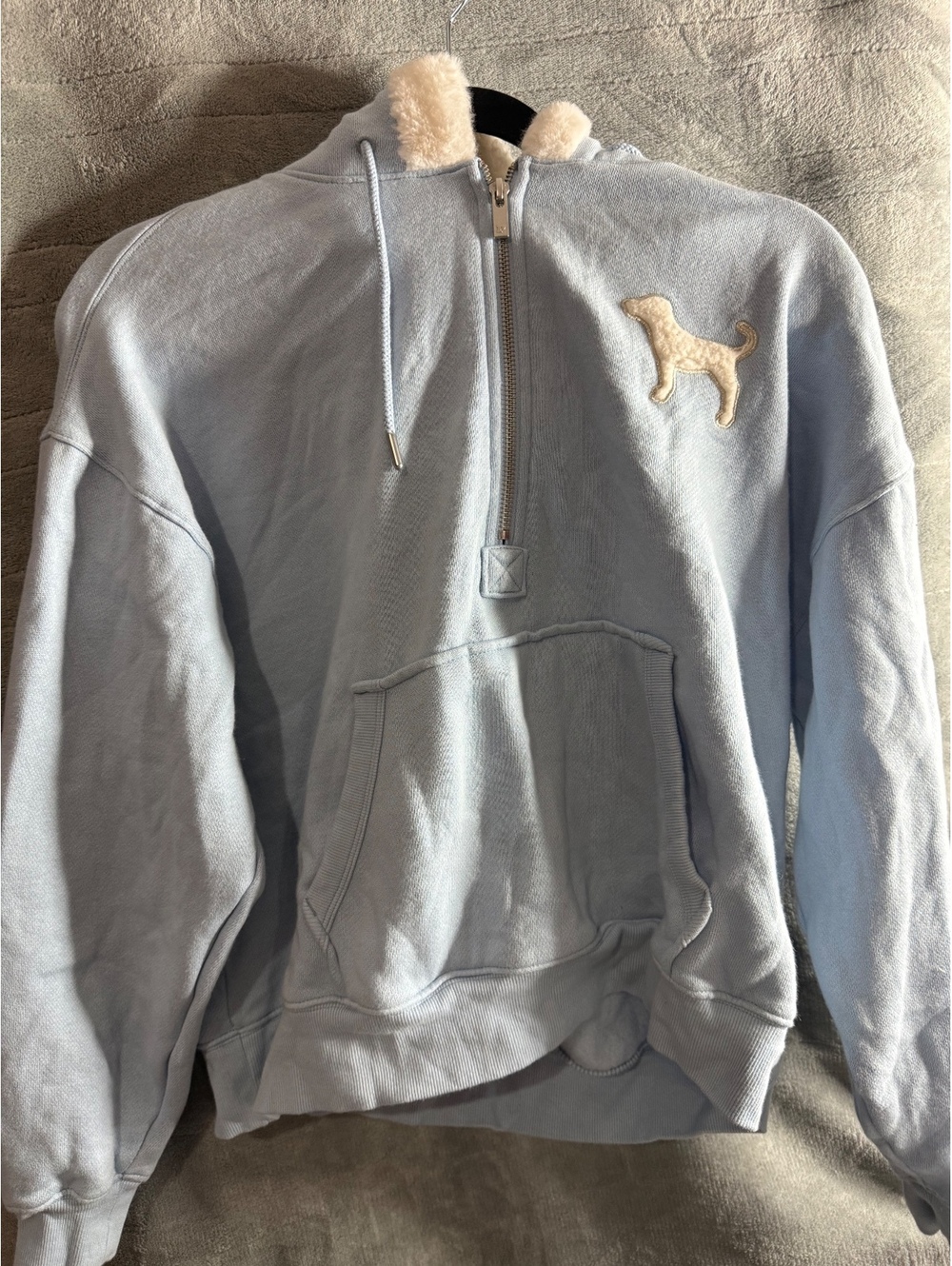 Victoria’s Secret PINK Sherpa Lined Quarter Zip Hoodie S Baby Blue Dog Logo NWOT